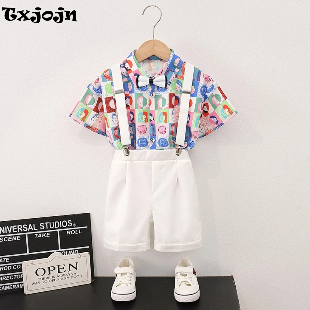 

Handsome Casual Patterned Shirt Pant With Straps Bow-tie 4 Pieces Kids Outdoor Activities Summer Breathable Boys Overalls Sets