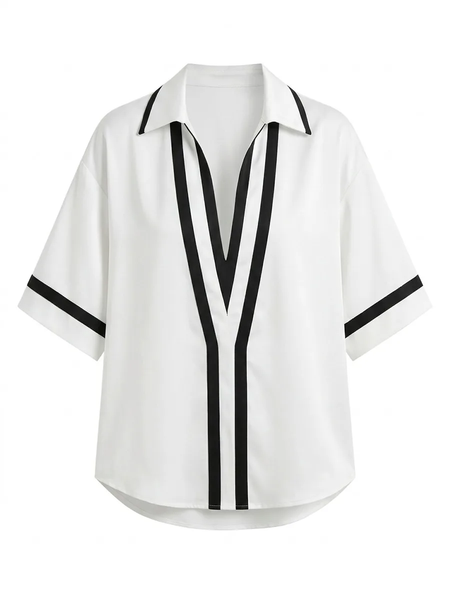 

Freeacy Women's Loose Fit White T-Shirt Black Vertical Striped Detail Half Placket V Neck Short Sleeve Office Blouse Shirt Top