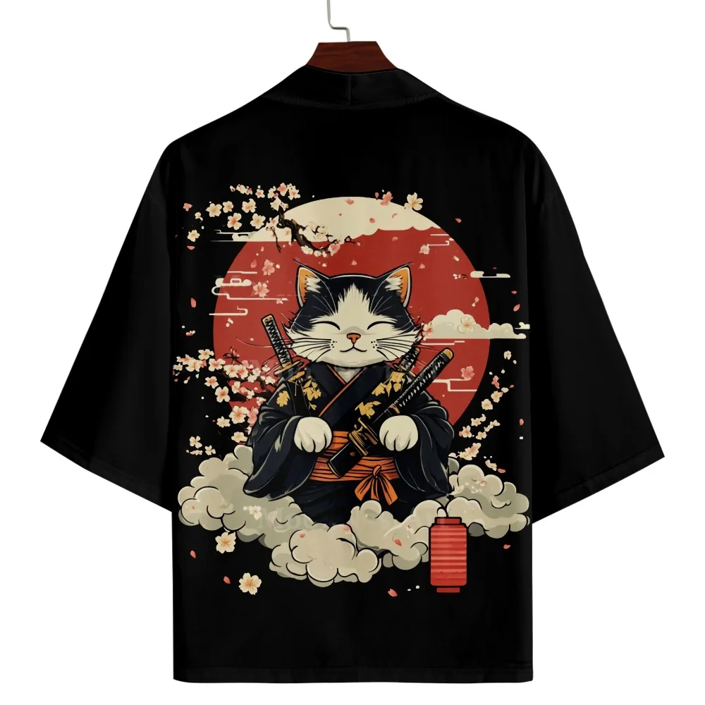

Harajuku Cardigan for MenTraditional Haori Kimono Women Japanese Kimono Yukata Samurai Cat Print Shirt Clothing