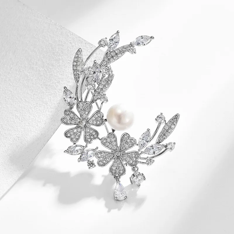 Chinese Style Lucky Cherry Blossom Brooch Natural Pearl Elegant Sparkling Cz Pin For Women Coat Collar Auspicious Jewelry Gift