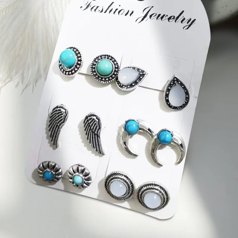 Cross-border e-commerce earrings, European and American retro turquoise crown crescent wings retro stud earrings, earrings manuf