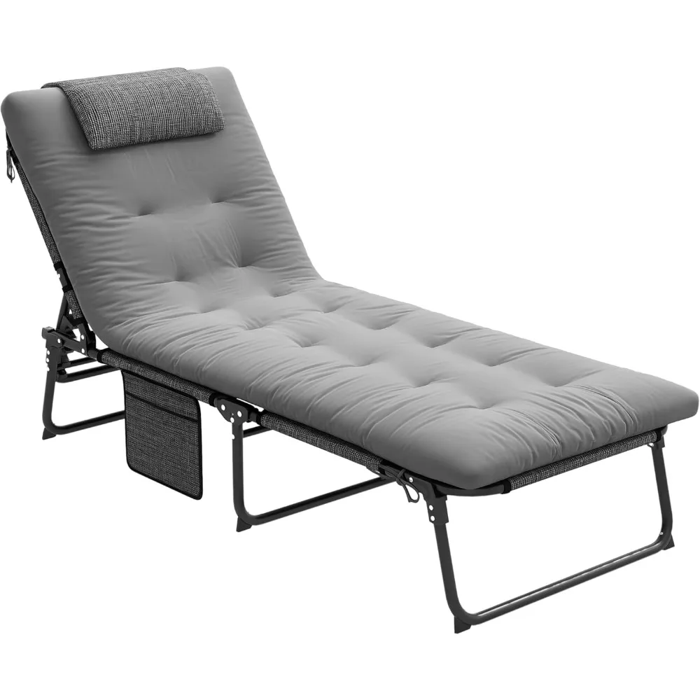 

Folding Chaise Lounge with 4-Level Reclining Back, Outdoor Tanning Chair with Cushion, Outdoor Lounge Chair with Breathable Mesh