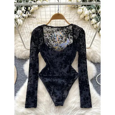 Nolia High Quality Flocking Slim Bodysuits 2024 Square Neck Long Sleeevs Sheer Sexy Blouse Floral Print Corset Playsuits 5d4;