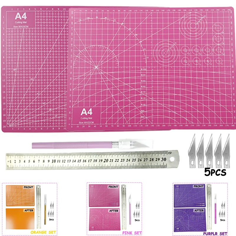 A4 Pvc Hand Cutting Mat Set, Art Tools, Pvc Paper Cutting Mat, 30cm Stainless Steel Ruler, Carving Knife (with 5 Spare Blades) Suitable for DIY Scrapbooking, Leather, Paper Crafts, Model Carving, Sewing, and Handmade M