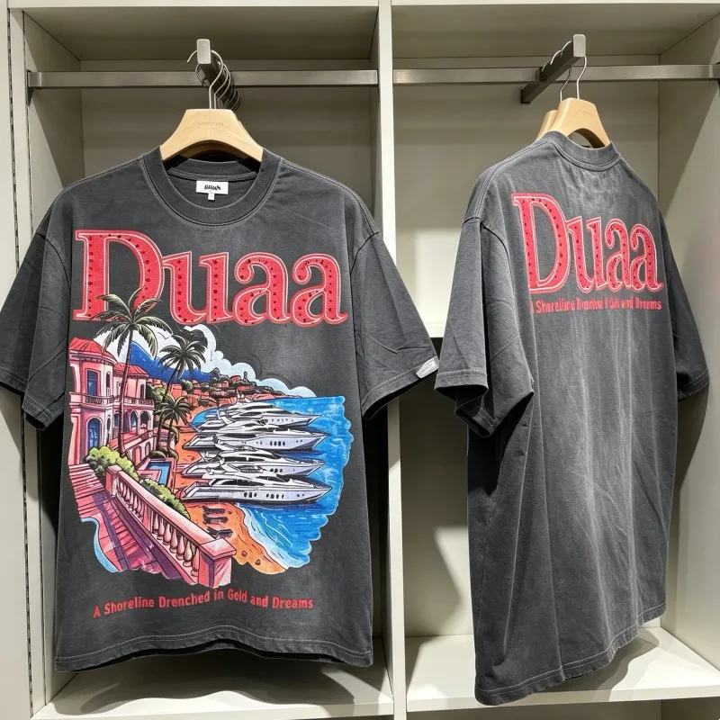 Coastal Yacht Print DUAA Tshirts Cotton Viantge Washed Black Round Neck Top Tee Hiphop Street Men Women Short Sleeve Outfit
