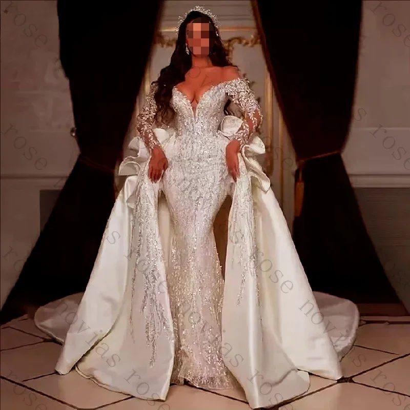 Customized Off Shoulder Mermaid Gown Crystal Sequin Details Detachable Satin Overskirt Bow Court Train Luxury Wedding Dress 2026