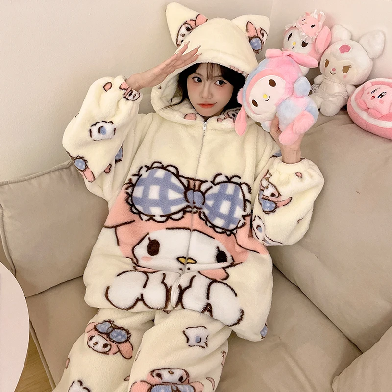 Kawaii Sanrio Hello Kitty My Melody Cinnamoroll Kuromi Flannel Hooded Zipper Pajamas Two-Piece Warm Thick Cute Home Clothes