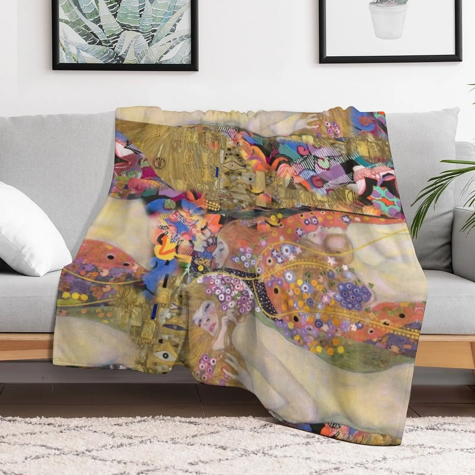 Gustav Klimt's Water Serpents + art deco tribute Throw Blanket No Pilling Soft Warm Blanket for Bed