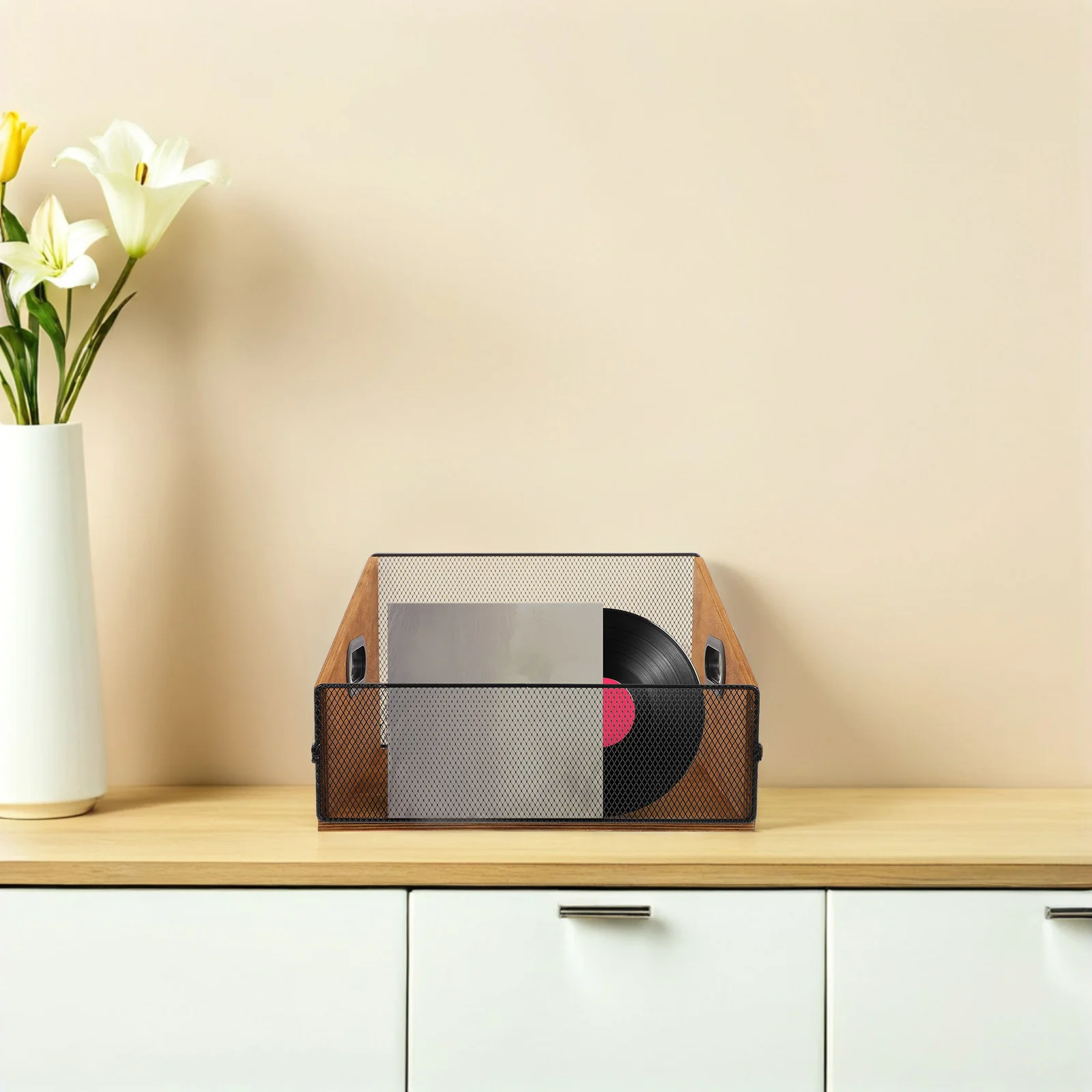 Wooden Record Storage Crate Vinyl Album Organizer Rustic Media Storage Holder Handles Desktop File Organizer Vinyl Records Box