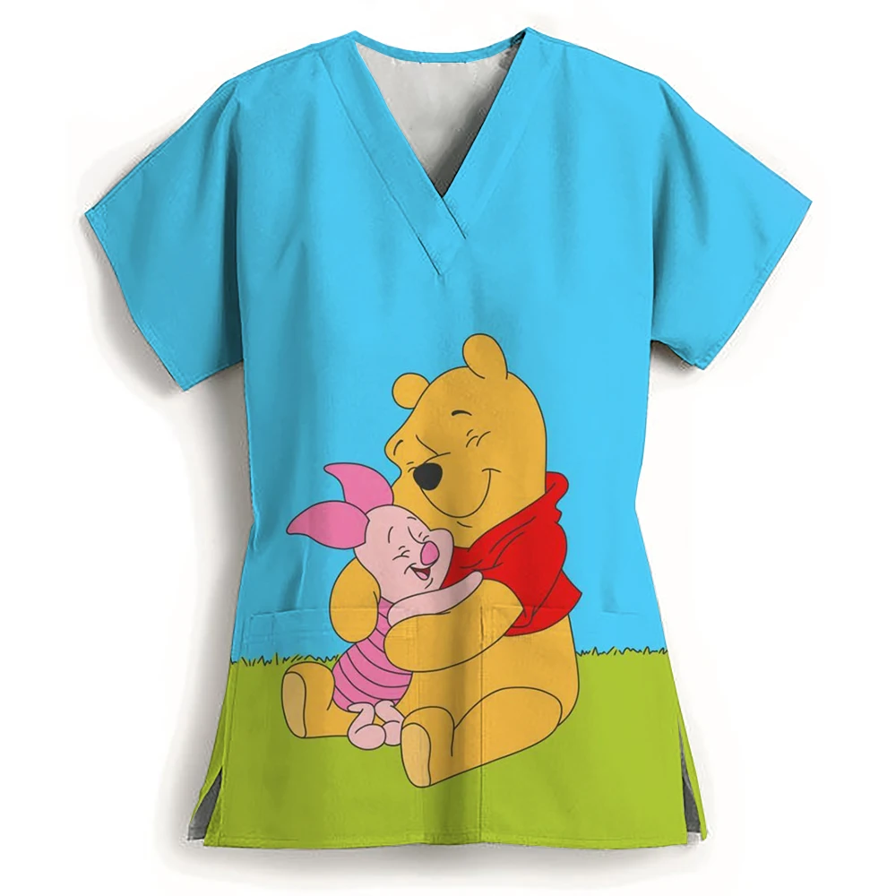 Senhoras enfermeira uniforme com decote em v workwear disney winnie the pooh uniforme de trabalho mulher casual clínica médica blusa de enfermagem camisas