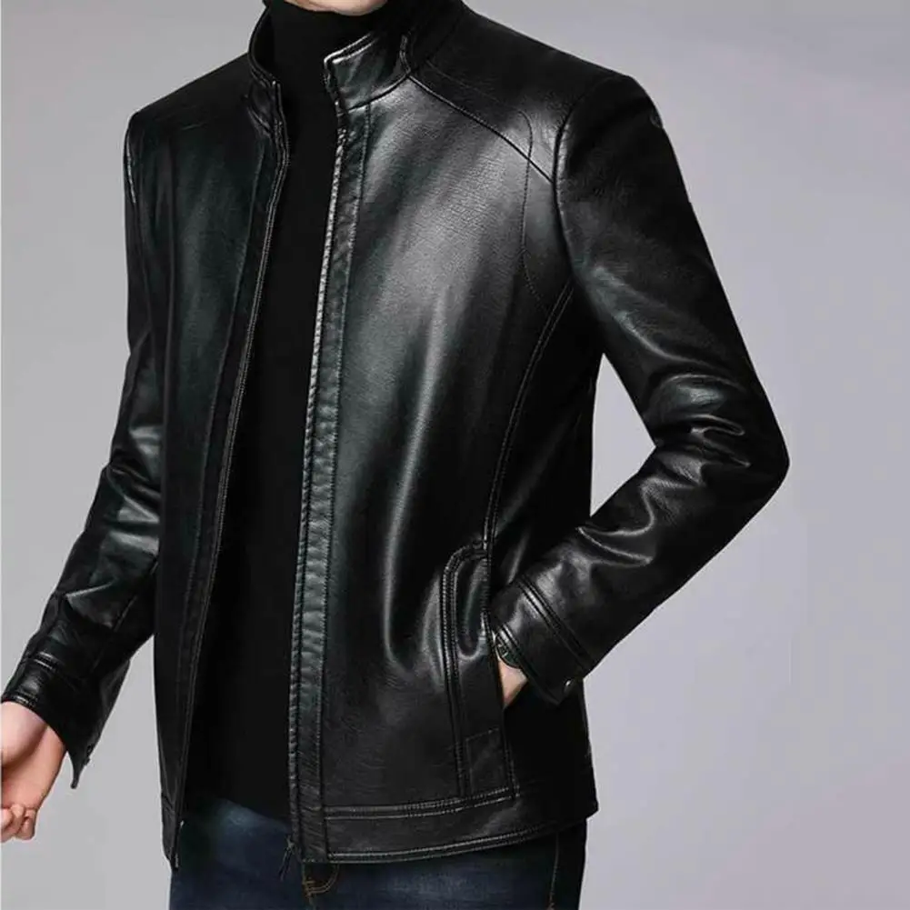 Men Jacket Faux Leather Solid Color Stand Collar Coat Smooth Zipper Neck Windproof Outerwear For Autumn Winter