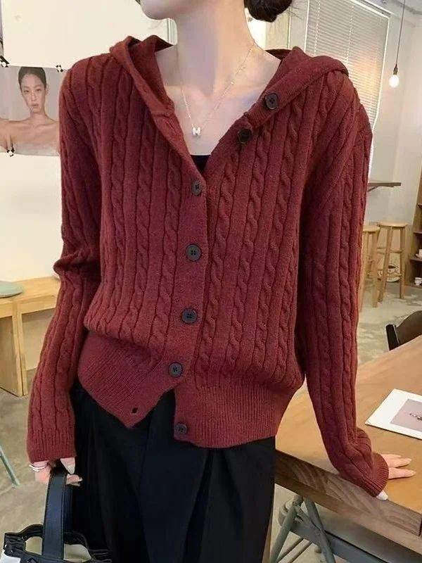 

Korean Sle Hooded Knitted Cardigan Women's Small Size Casual Versatile Slimming ort Sweater Jaet Top in Red Color