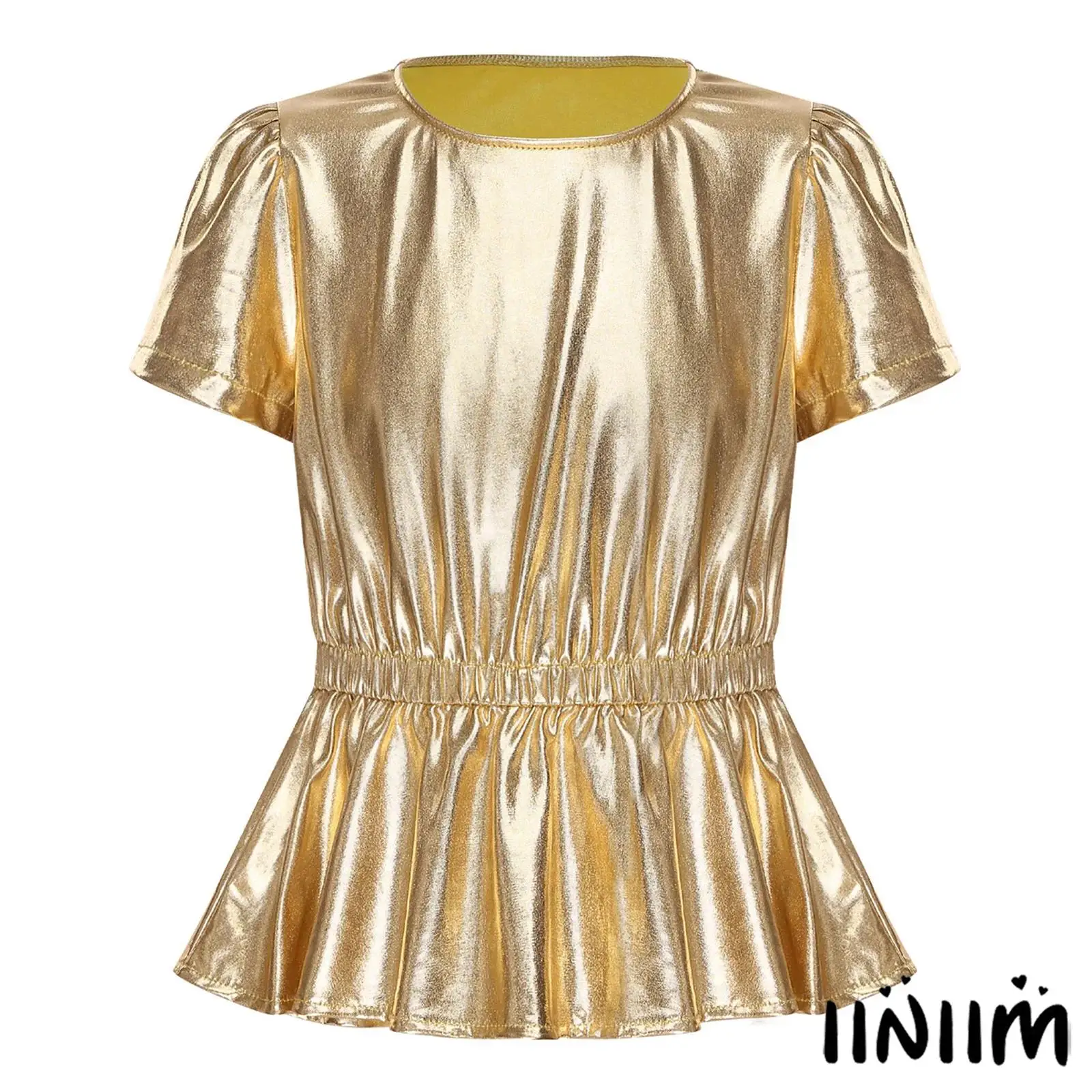 

Kids Girls Fashion Metallic Peplum Tops Short Sleeve Round Neck Elastic Waist T-shirt for Jazz Dance Hip-Hop Performance
