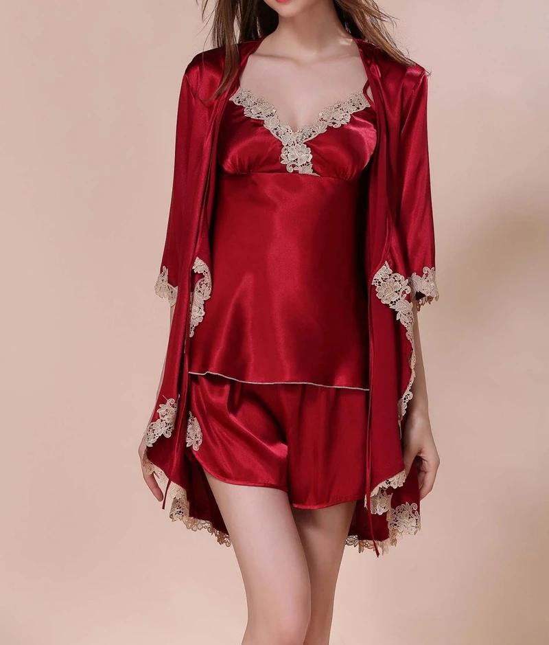 

Sexy Silk 3Pcs Pajama Set For Women Half-Sleeve Cardigan V-Neck Slip Vest And Shorts Lace Trim Details Cozy Nightwear Sleepwear
