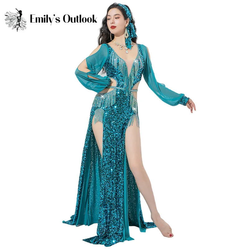 Luxury Belly Dance Costume Sparkle Sequin Long Robe Dress 3 Piece Set Competition BALADI SHAABI Solo Drum Show Outfit Exoticism