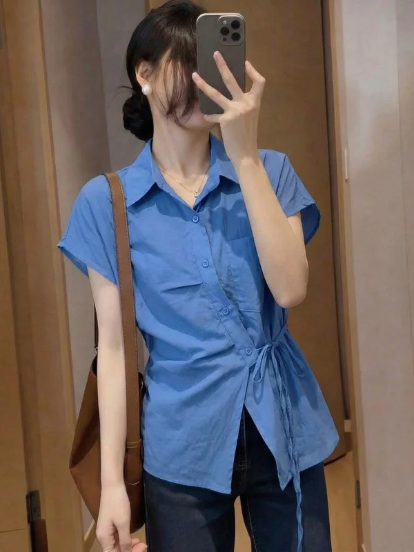 

Blue V-Neck Short Sleeve Shirt Women's plus Size Summer New Style Waist-Cinching Asymmetrical Top Korean Style Commute Wind