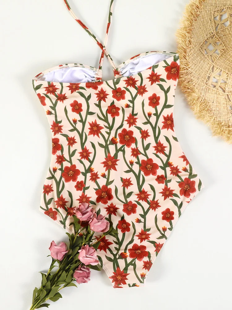 Red Flower Print Bikini Hollow Out Swimwear Whole Swimsuit Push Up Beachwear Summer Bathing Suit One-piece Women Swimsuits