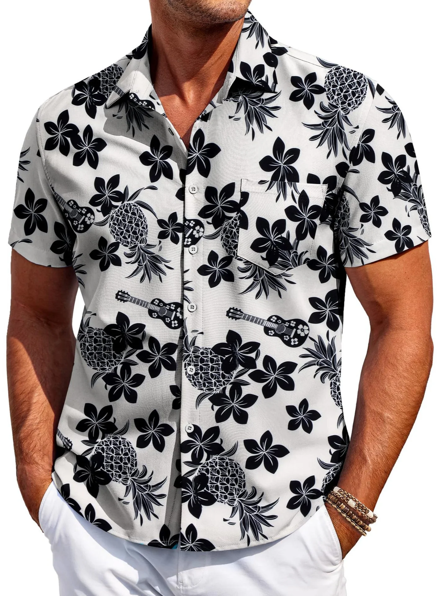 Summer Quick Drying Cool Feeling Cuban Collar Shirt Black and White Pineapple Flower Travel Versatile Men's Floral Top