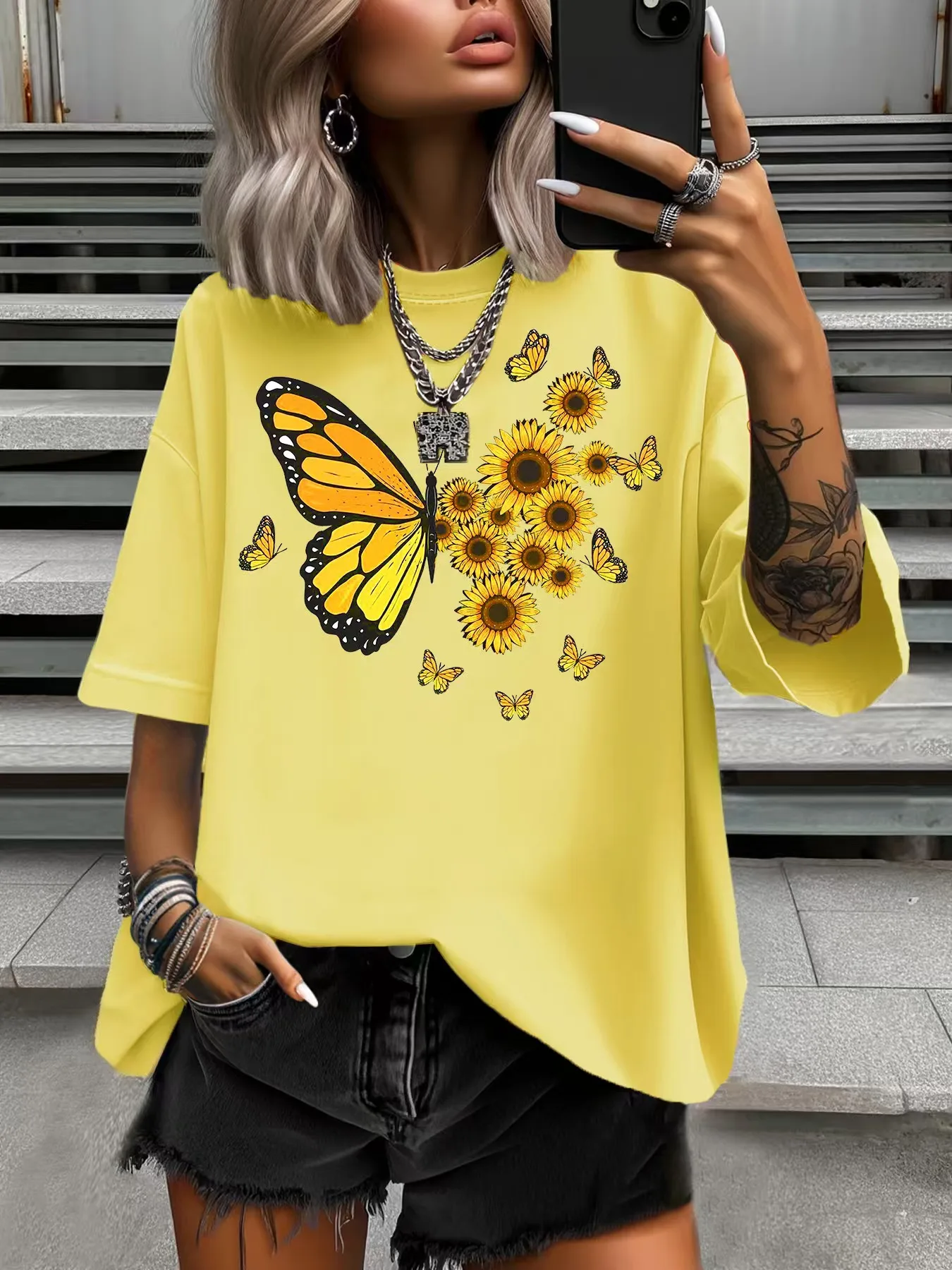 

Summer Women's Plus Size T-Shirt Original Design Fashion Gradient Butterfly Printed Women's Casual Round Neck Short Sleeved Tops