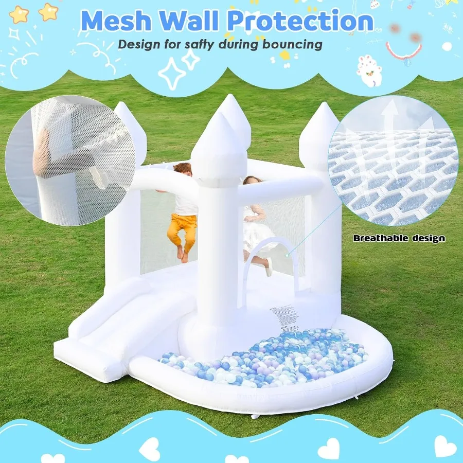 화이트 바운스 하우스, 에어 블로워 포함 풍선 바운스 하우스, 파티, 결혼식, 뒷마당 행사용 볼풀이 있는 점핑 캐슬 하우스