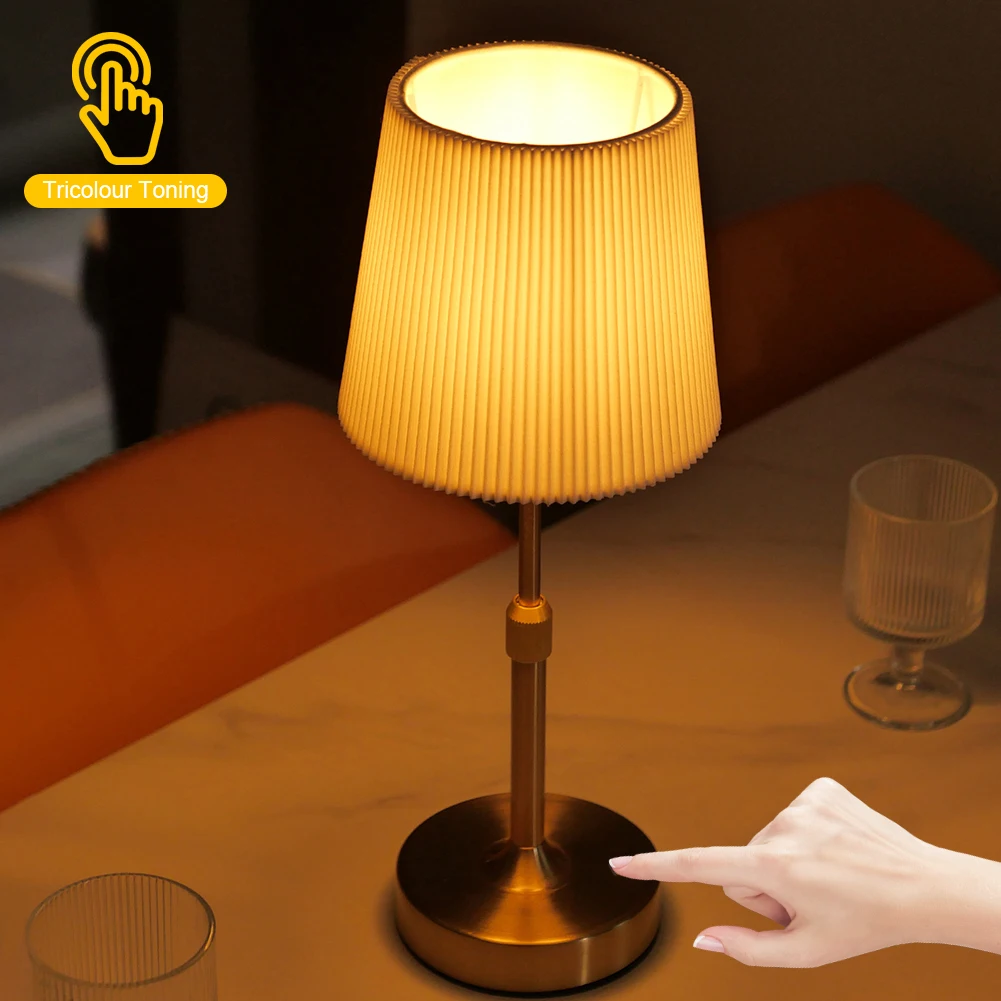 Cordless LED Metal Table Lamp USB Rechargeable Touch Control Portable Fabric Shade Desk Lamp Pleated Decorative Atmosphere Light