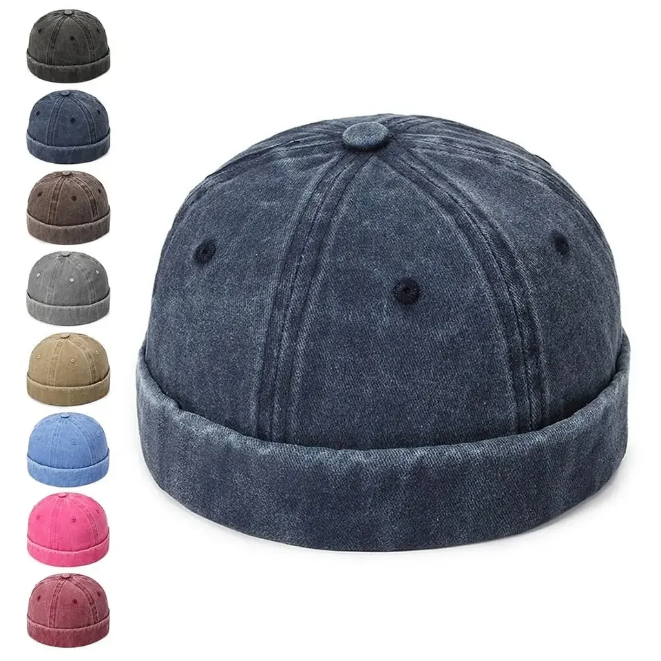 

Outdoor Washed Denim Brimless Docker Cap Cotton Adjustable Vintage Dome Hat Solid Color Melon Beanie Cap Boy Girls