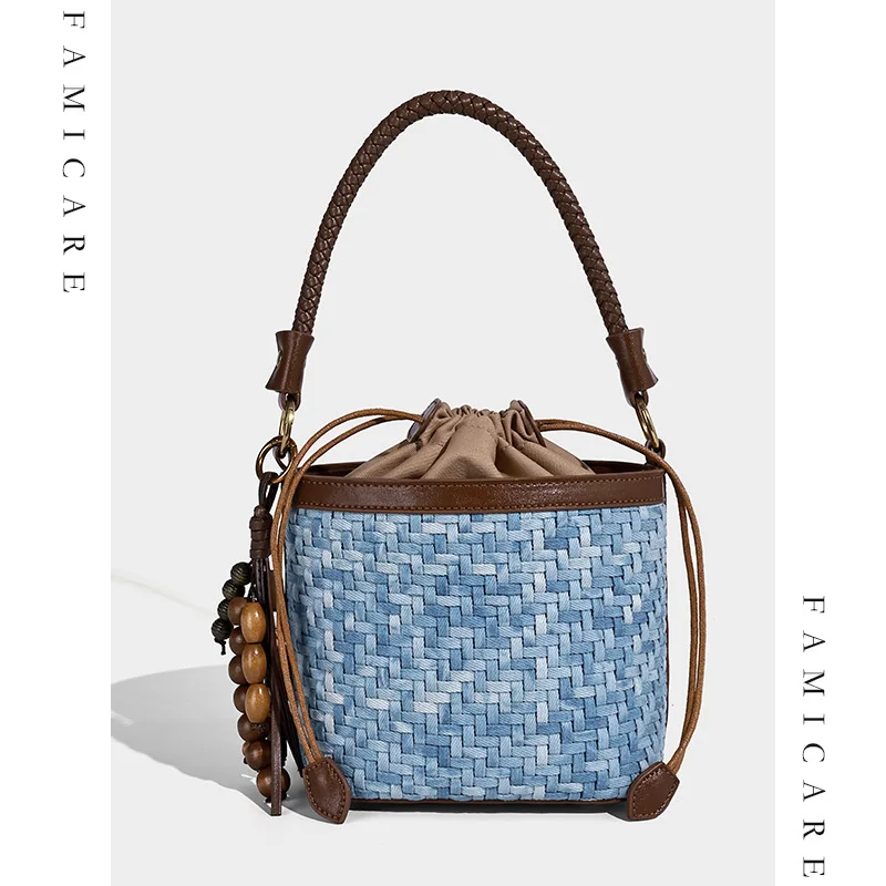 

2025 New Woven Denim Blue Underarm Shoulder Handheld Bag Korean Style Vintage Unique Women PU Leather Color-Blocking Handbag