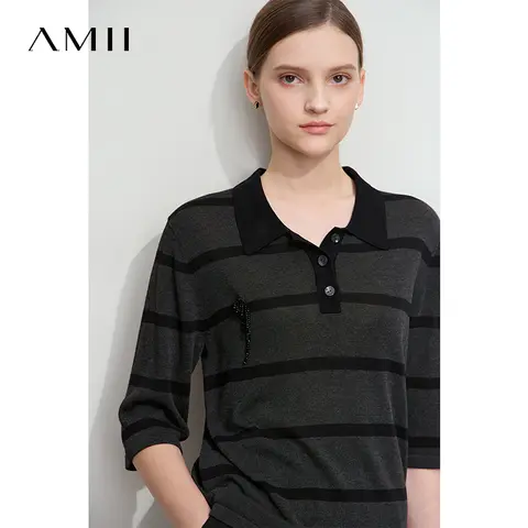Amii 미니멀리스트 여성용 스트라이프 니트 풀오버, 폴로 칼라, 대비되는 색상 비드, 루즈 미드 슬리브 상의, 2025 여름, 12521002 신상