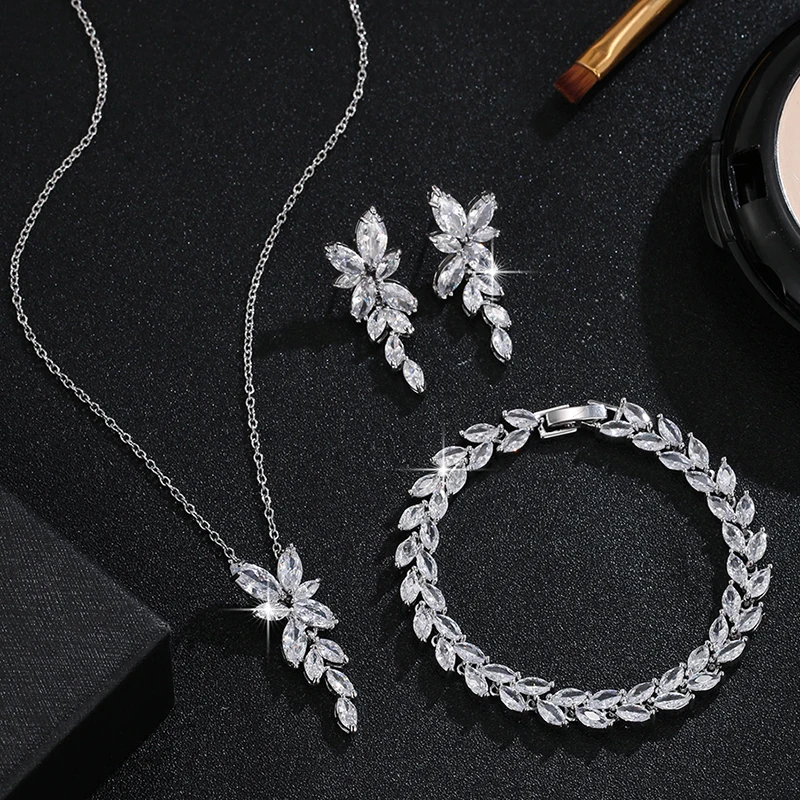 LXOEN Classic Luxury Gold Color Bling Leaf Cubic Zirconia Jewelry Sets for Wedding Brides Women Shiny Necklace Earrings Bracelet