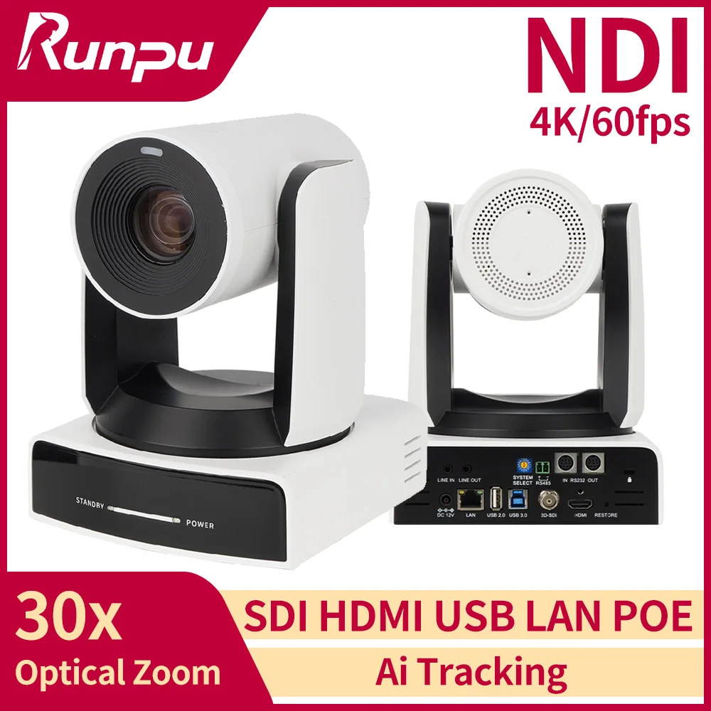 Runpu AI Auto-Tracking NDI PTZ Camera 4K60FPS 30x Optical Zoom Live Streaming Camera with SDI/HDMI/USB/IP POE for Boradcast