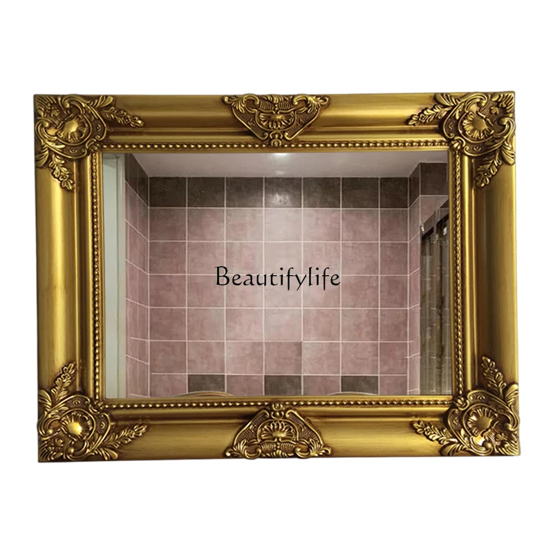 

European French square bathroom mirror solid wood frame light luxury carved retro hanging bathroom mirror