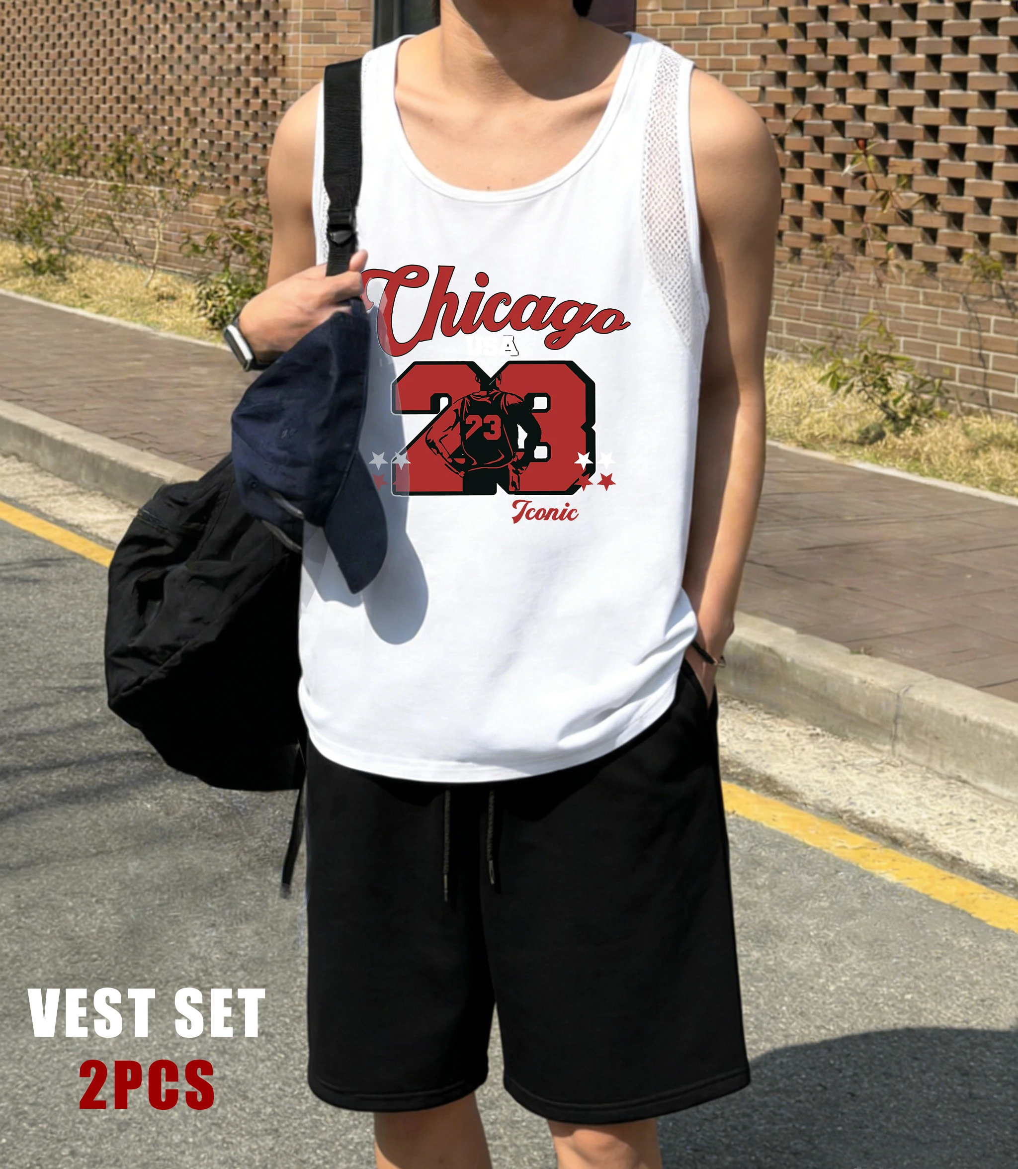 

Chicago Number 23 Jersey Pattern Men Reticular Vest Suit Summer Drawstring Shorts Fashion Sleeveless Top Unisex Basics Vests