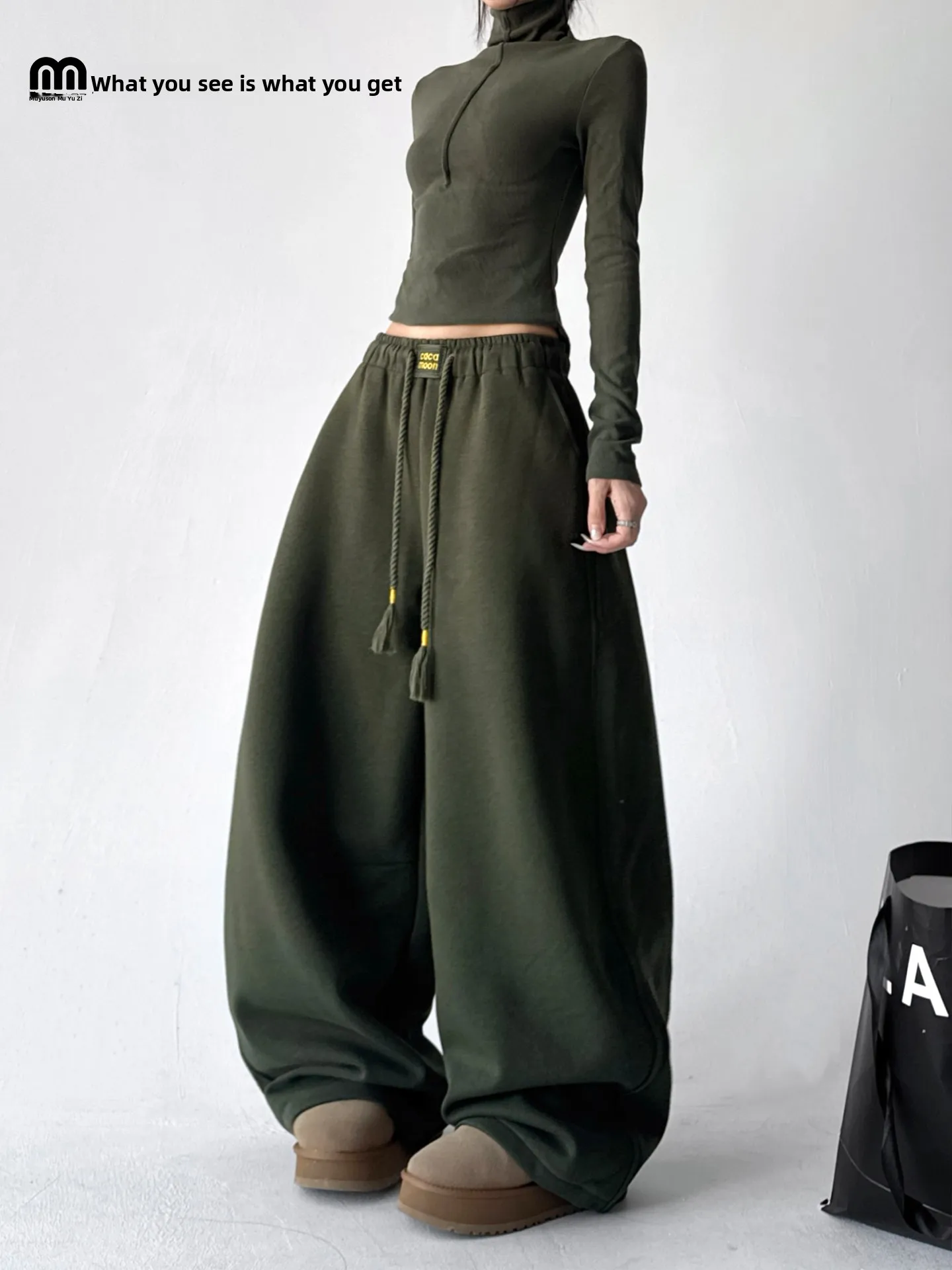 

Women's Fce Lined Thi Wide Leg Pants Elastic Waist Dstring Loose Slimming Casual Trousers Winter Faion High Waist