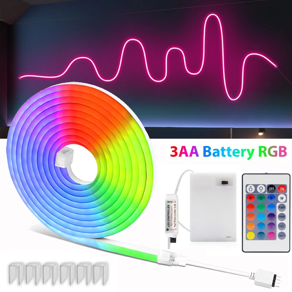

Неоновые светодиодные ленты RGB с питанием от батареи, 5 В, водонепроницаемая лента с регулируемой яркостью, гибкая лента, кухонный шкаф, ТВ, декор комнаты, ночник