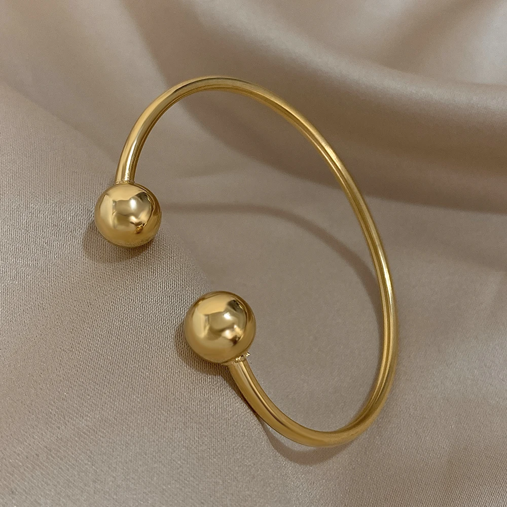 Greatera Minimalist Double Ball Stainless Steel Cuff Bracelet Bangle for Women Gold Plated Opening Bracelets Party Jewelry