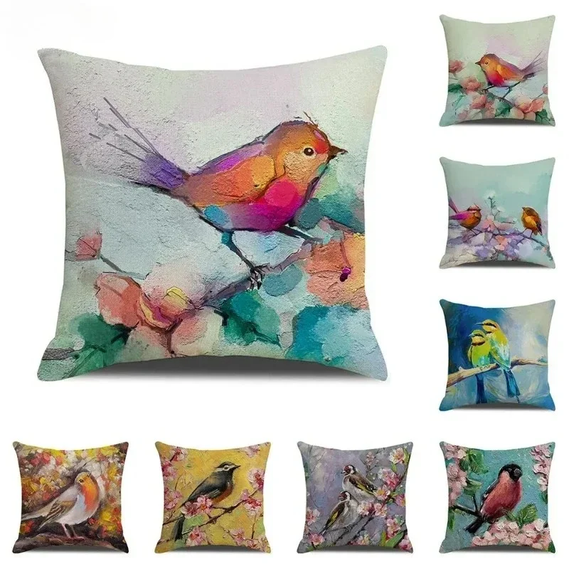 Watercolor Bird pattern Double-sided Printed pillow cover Short plush Suitable living rooms bedrooms sofas throw cushion cover
