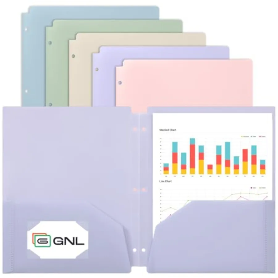 

Plastic Folders with Pockets 3 Hole Punched, Pack of 5, 2 Pocket Folders for 3 Ring Binder Muted, Heavy Duty Binder Folder for