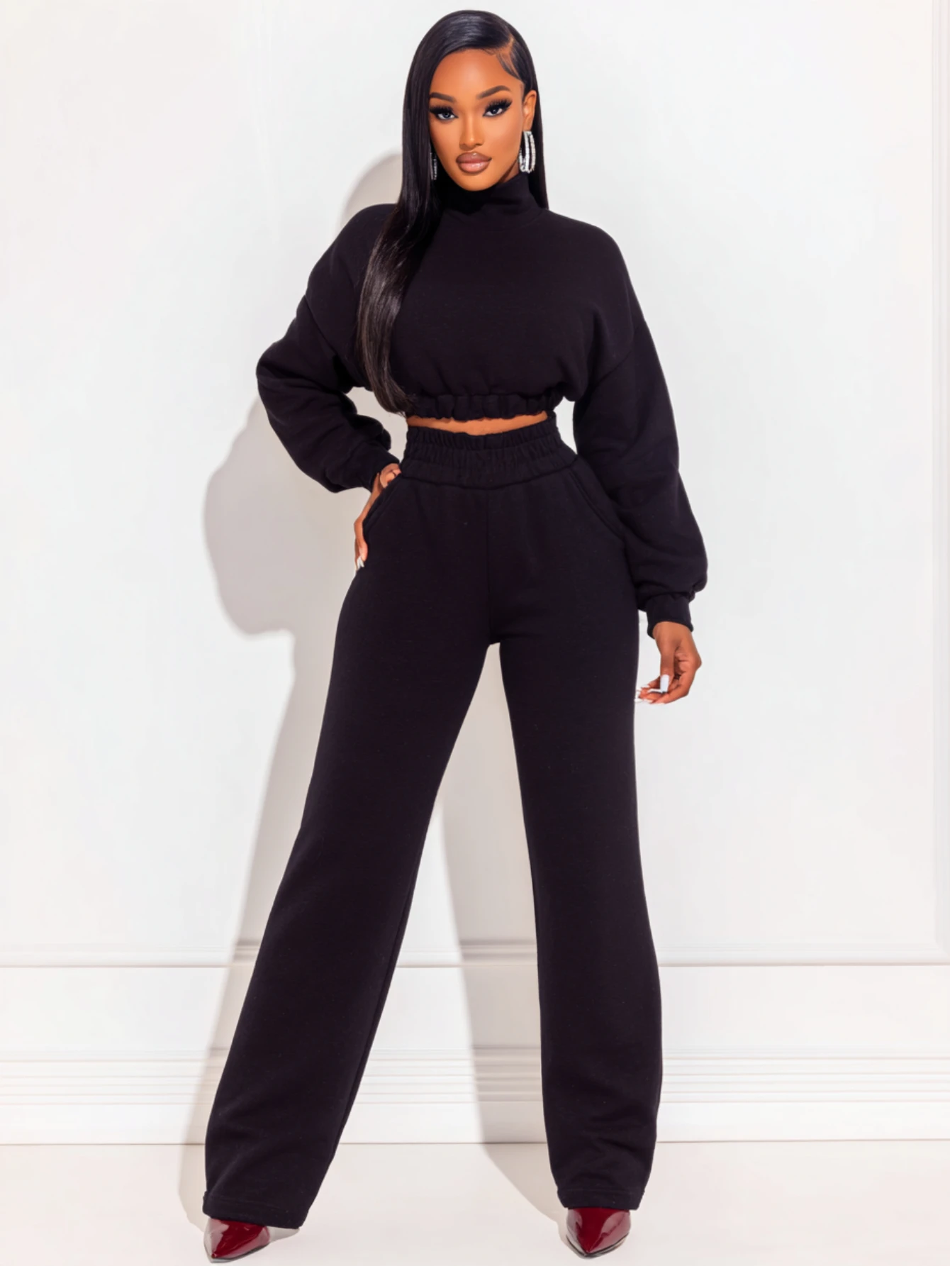 

Mia Muse Boutique Women's Sets Autumn Winter Fashion Daily Plain Cropped Long Sleeve Mock Neck Full Length Casual Pants Sets
