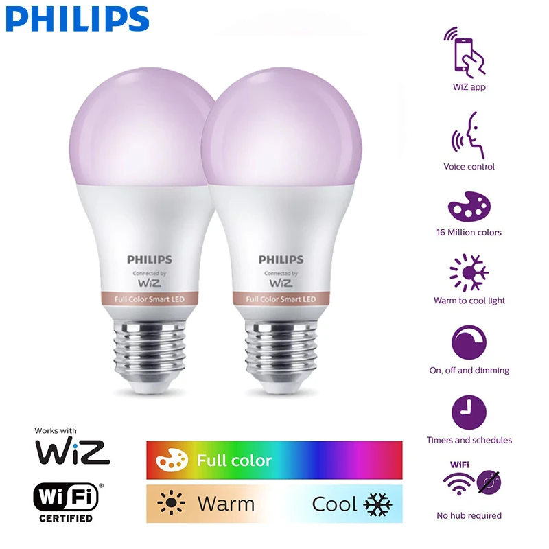 Philips 2PCS LED Smart E27 Bulbs WiZ 8.5W Wi-Fi & Bluetooth 220-240V Full Color EyeComfort Light Frosted Dimmable A Lamps