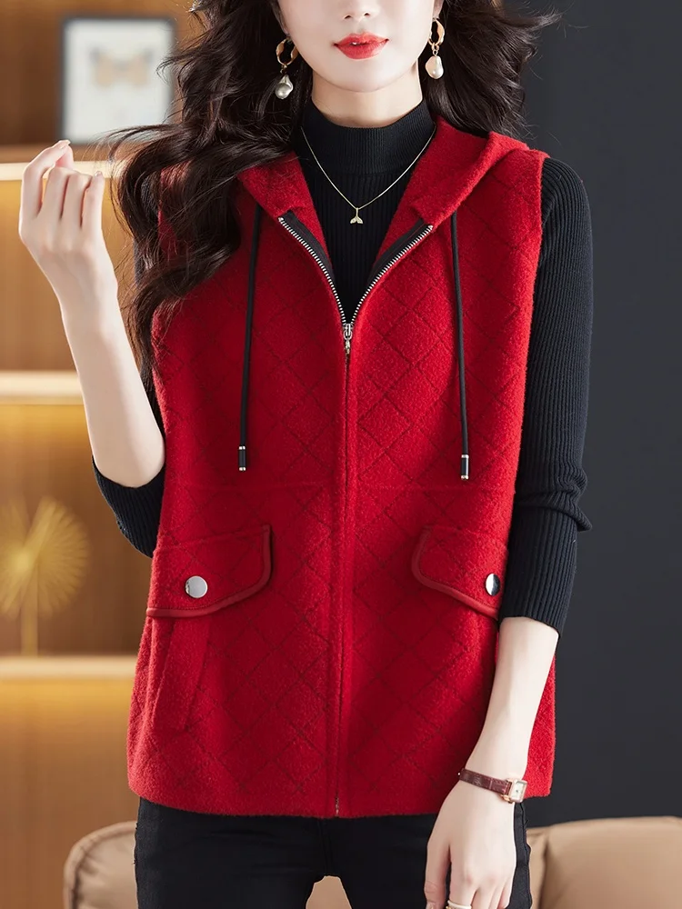 Frühling Herbst Woolen Zipper Weste frauen Oberbekleidung Große Größe Mit Kapuze Offene Strickjacke Gestrickte Pullover Faion Lose Fit Reine Farbe