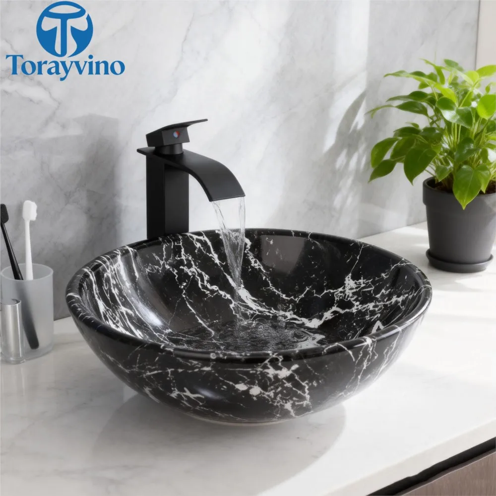 Torayvino Ceramic Bathroom Vessel Basin Marbling Round Bowl Vainty Sink Above Counter with Waterfall Faucet and Pop-up Drain