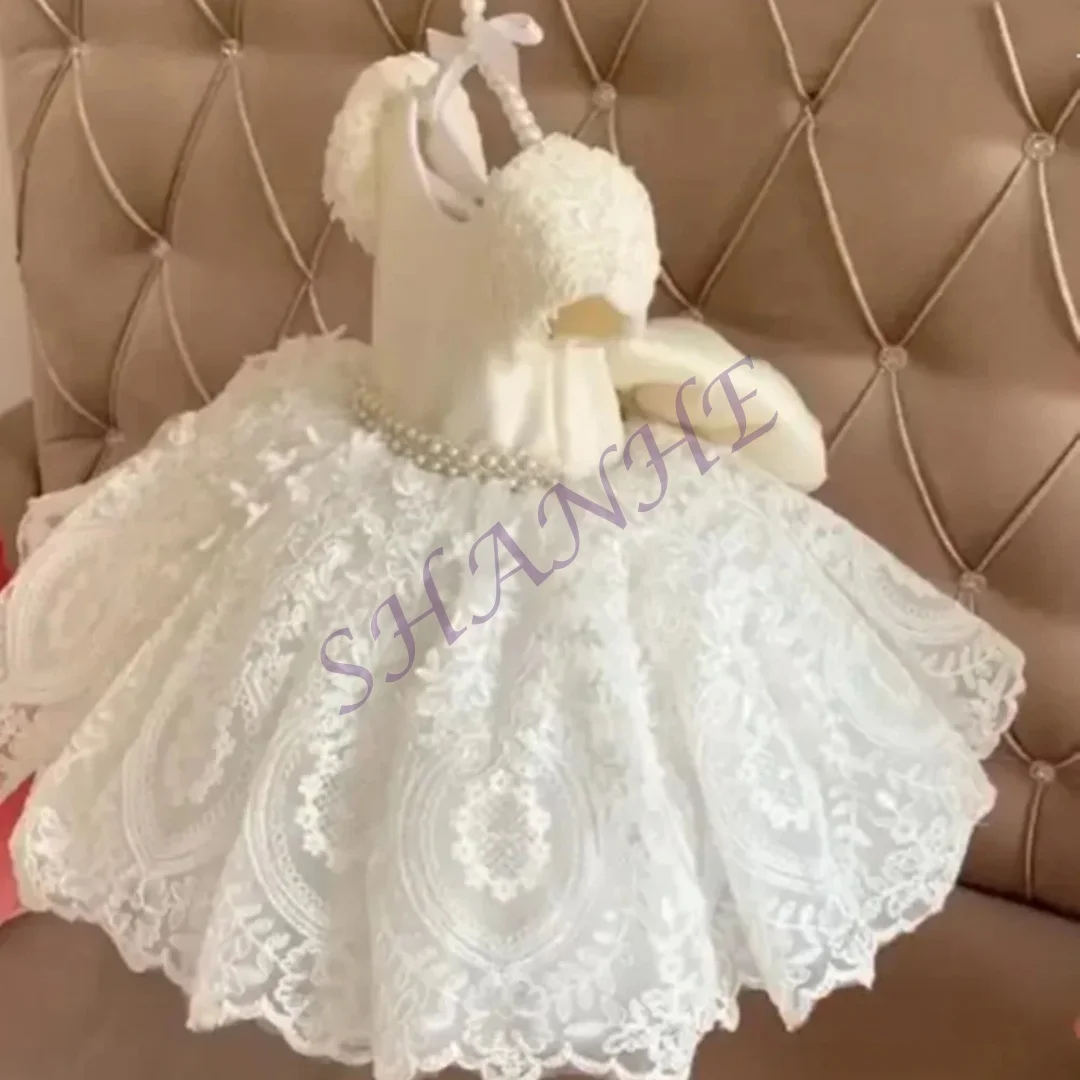 Sukienki dla dziewczynek na wesele w kolorze kości słoniowej, z koronką, perłami, idealne na urodziny, chrzest, sesje zdjęciowe dla noworodków i niemowląt.