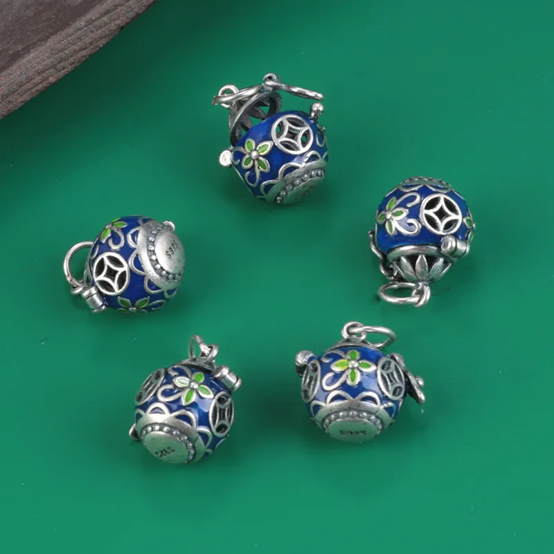 Ethnic 925 Sterling Silver Blue Flower Pendant Can Open Retro Enamel Sachet Fragrance Bag Jewelry Making DIY Material Wholesale