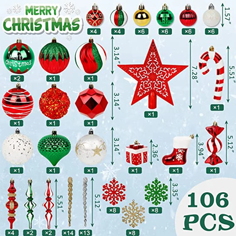 Imagem -03 - Ourwarm-christmas Ball Ornaments Xmas Tree Spheres Decoração de Festa Vermelho Verde Ouro Bolas para Férias 106 Pcs