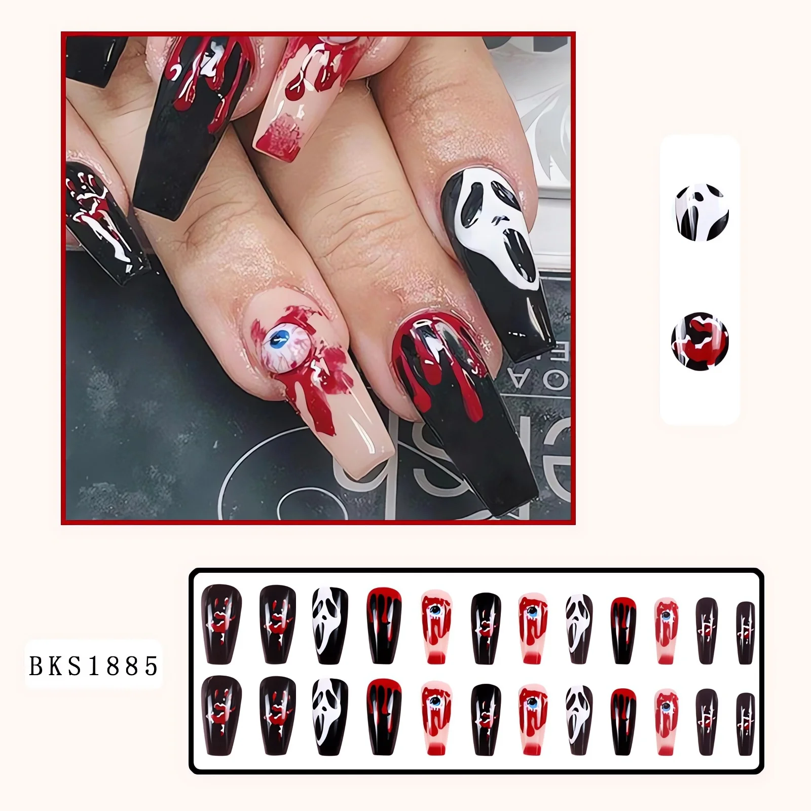 Wearable Halloween Red Press On Fake Nails Tips False Nails Design Ghost Blood Drops Full Cover Removable French False Nail