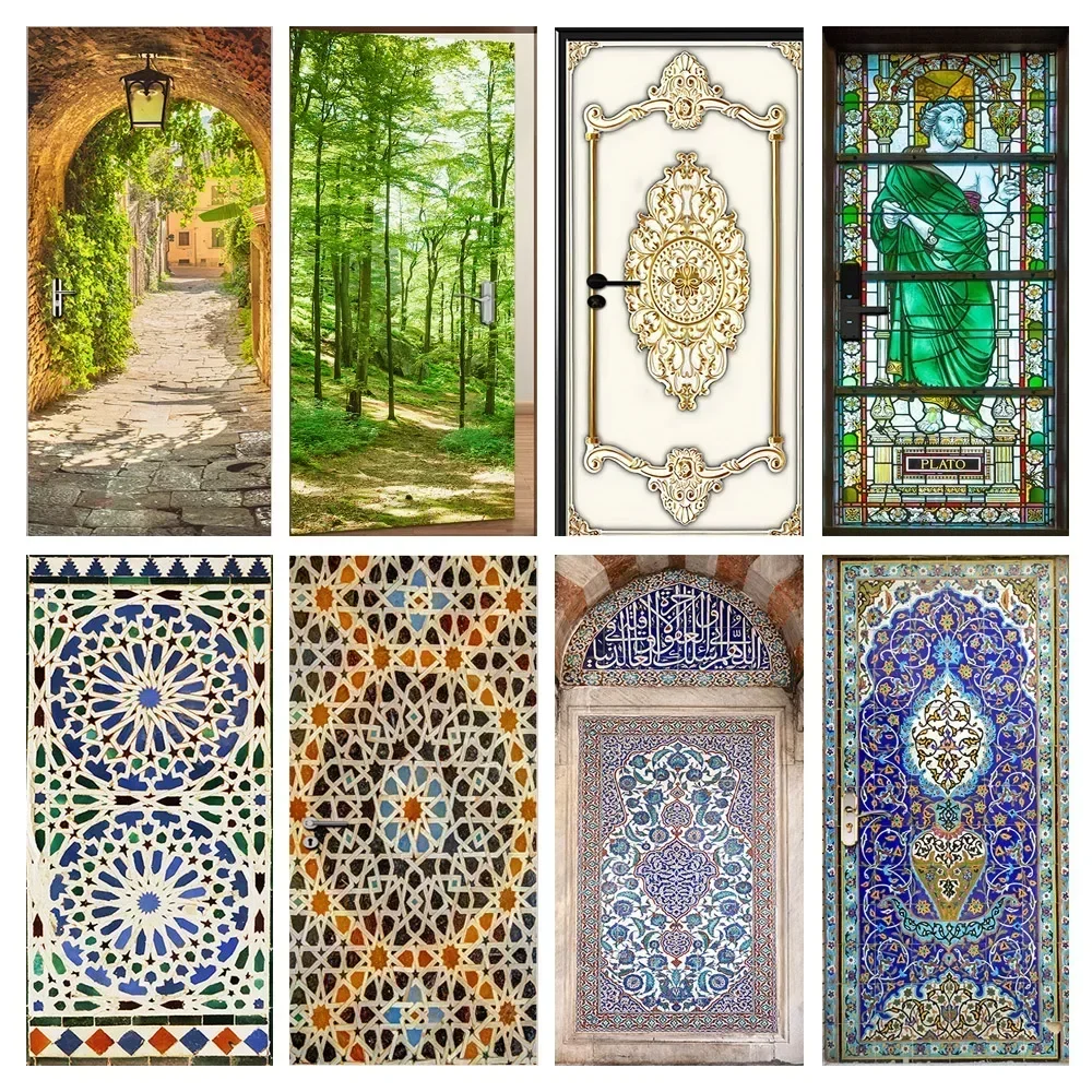 

Moroccan Mosaic Tiles Creative Door Stickers Removable Bedroom Living Room Wardrobe Retrofit Door Wrap Decorative Wallpaper