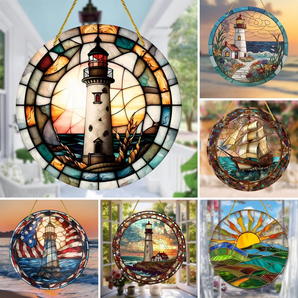 Bay Lighthouse Sunrise Sunset Stained Art Window Decor, Sun Catcher, Sunshade, Best Gift For Family, Acrylic Round Garland Sign