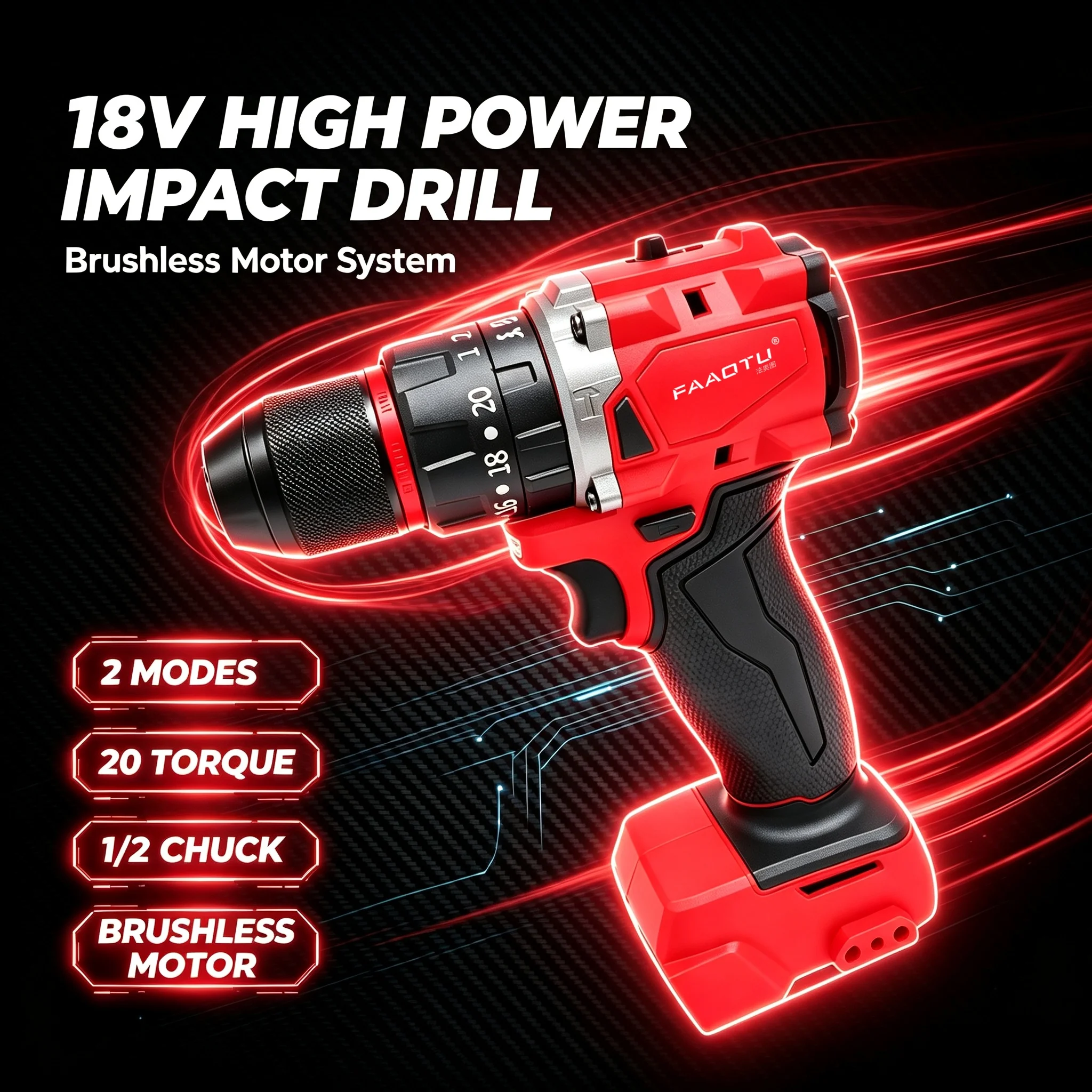 FAAOTU 10mm Brushless Cordless Impact Drill, Rechargeable Electric Screwdriver, Power Tool for Decoration Team Construction Work