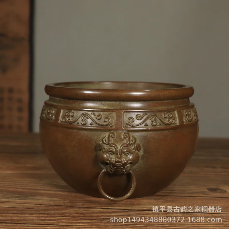 Pure Double Lion Ear Ring Copper Vintage Xuande Cylinder Incense Burner Ornament Office Living Room Shop Decorat