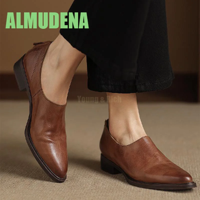 

Retro Style Pointed Small Leather Shoes for Women New Thick Soled Genuine Leather Loafers French Style Coarse Single Shoes